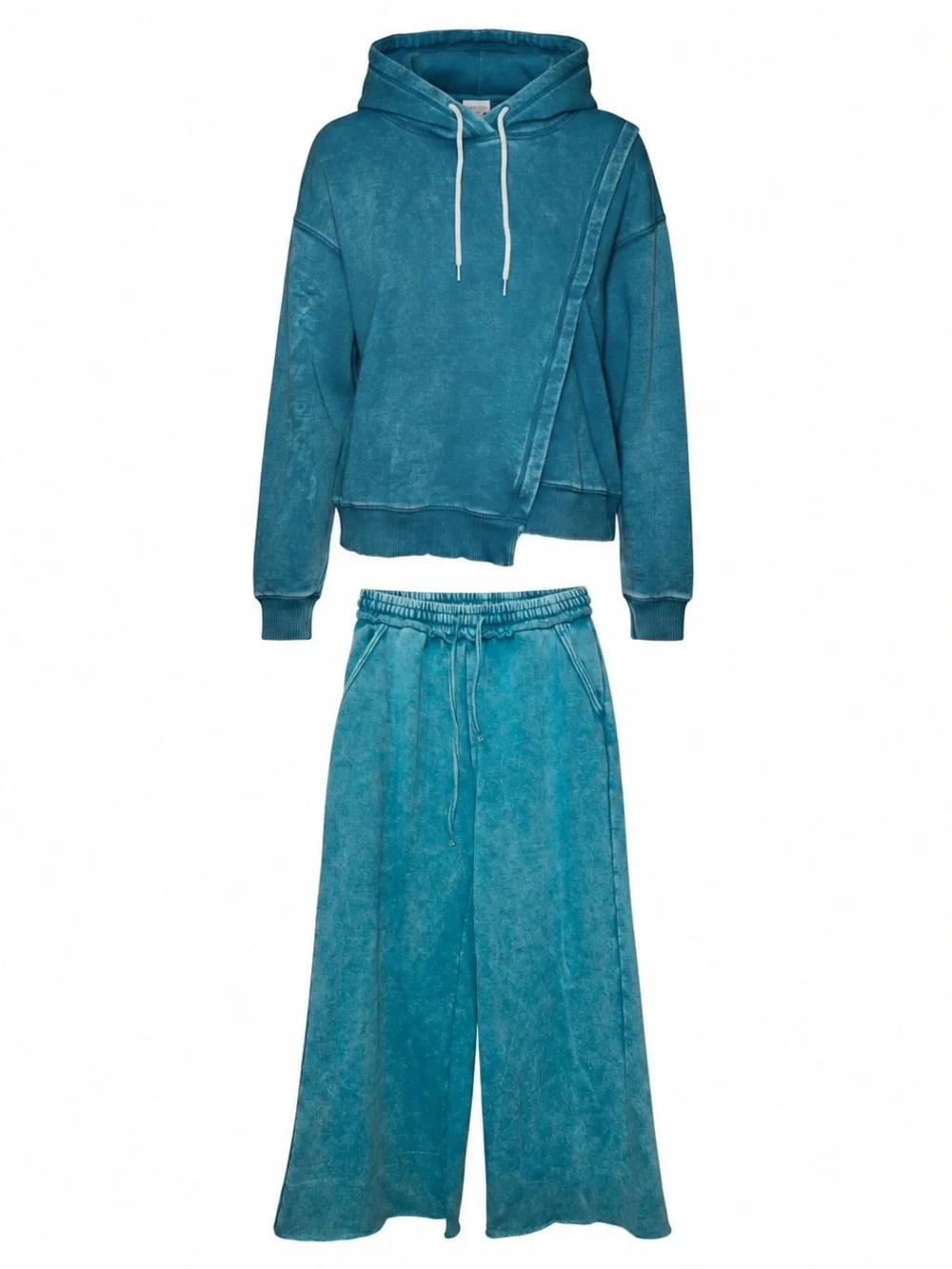 Zenana Acid Wash Hoodie Palazzo Pants Matching Set Teal Medium EUC